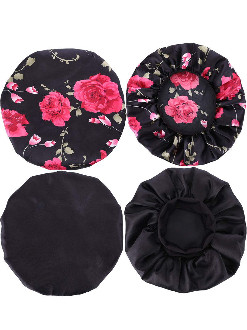 [Australia] - 2 Pieces Satin Bonnet Night Sleep Cap Sleeping Head Cover for Women Girl Sleeping Black, Black Flower Printed M 