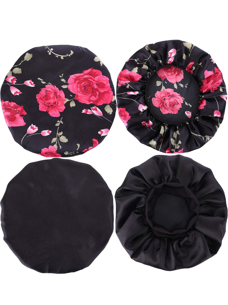 [Australia] - 2 Pieces Satin Bonnet Night Sleep Cap Sleeping Head Cover for Women Girl Sleeping Black, Black Flower Printed One Size 