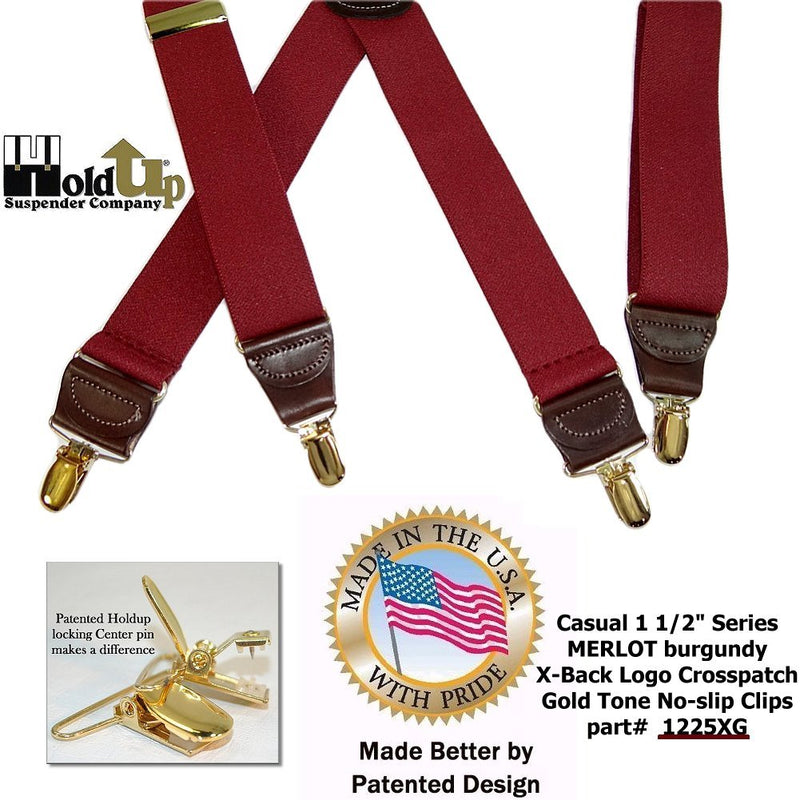 [Australia] - HoldUp Brand Merlot Burgundy X-back Suspenders with patented No-Slip Gold-tone center pin clips 