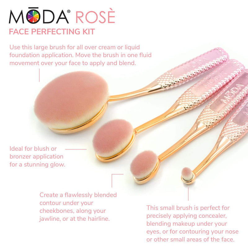 [Australia] - MODA Face Perfecting, Full Size 4pc Oval Makeup Brush Set, Includes - Foundation, Contour, Detail Contour, and Concealer Brushes, Rosè Rosè 