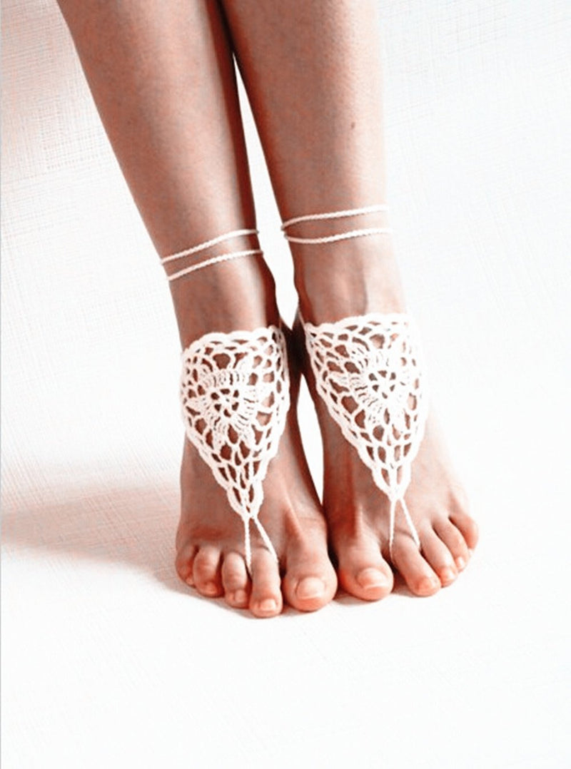 [Australia] - yueton 2pcs Crochet Barefoot Sandals, Nude Shoes, Foot Jewelry, Anklet, Bridesmaid Accessory, Yoga Shoes, Beach Pool Wedding Accessory White 