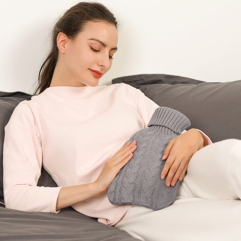 [Australia] - Samply Hot Water Bottle with Knitted Cover, 1.8L Hot Water Bag for Hot and Cold Compress, Hand Feet Warmer, Neck and Shoulder Pain Relief, Gray 2L 