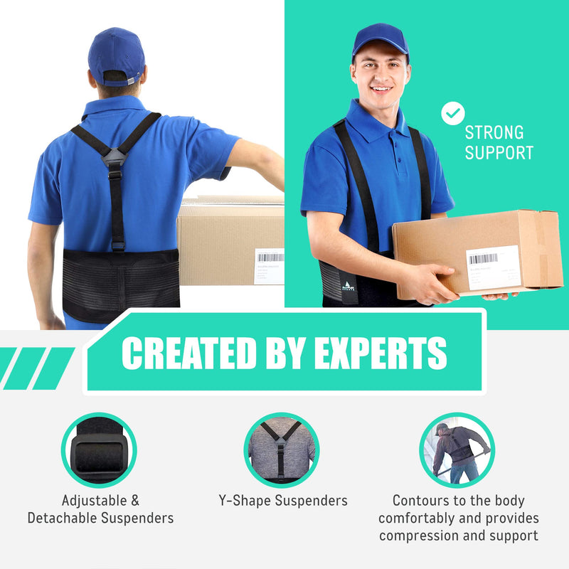 [Australia] - AllyFlex Sports Back Brace for Heavy Lifting Safety Belt, 3-Way Adjustable Suspenders with Dual Lumbar Pads for Lower Back Support and Injury Prevention, Large L (37''-45'') 