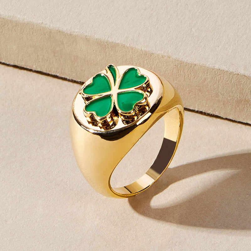 [Australia] - HIIXHC Enamel Flower Ring for Women Chunky Statement Rings 18k Gold Plated Dome Ring Stacking Band for Women Personalized Jewelry green 6 