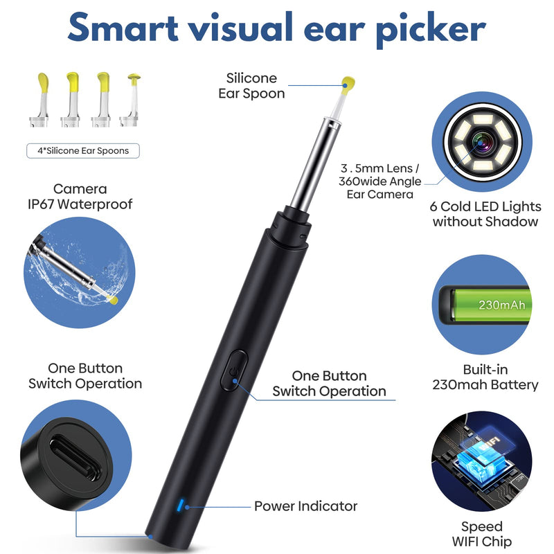 [Australia] - Ear Wax Removal, Hendoct Ear Cleaner Kit, Ear Wax Removal Tool with Camera, with 1080P HD Wireless Ear Otoscope with 6 LED Lights, for Adult, Kids and Pets, for iPhone, iPad, Android Smart Phone Ear picker kits 14pcs Black 