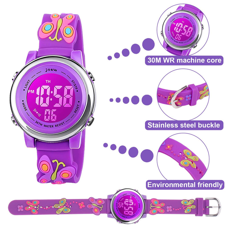 [Australia] - Kids Watch 3D Cartoon Toddler Wrist Digital Watch Waterproof 7 Color Lights with Alarm Stopwatch for 3-10 Year Boys Girls Little Child Big Butterfly Purple 