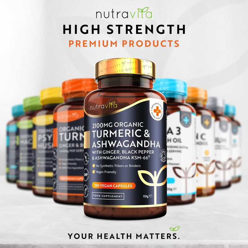 [Australia] - Organic Turmeric 2100mg (High Strength) & Ashwagandha KSM-66 � with Ginger & Black Pepper - 180 Vegan Capsules (2 Month Supply) - Ayurveda Supplement - Made in The UK by Nutravita 