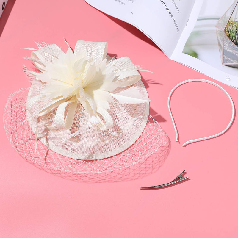[Australia] - BABEYOND Fascinator Hat Veil Feather Fascinator Hair Clip Tea Party Pillbox Derby Hat Fascinator Bridal Wedding Veil D-beige 