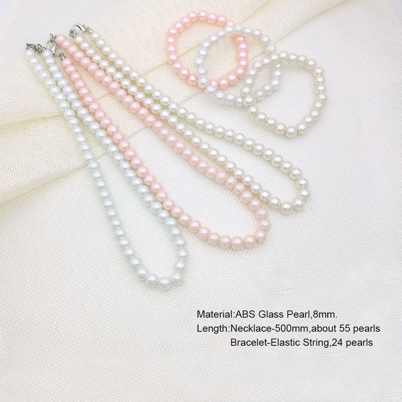[Australia] - JSEA 8mm Faux Pearl Necklace Elastic Bracelet Jewelry Set Beige White Pink Fake Pearl Jewelry 