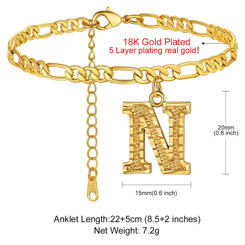 [Australia] - GoldChic Jewelry Anklets with Initials, Personalized Waterproof 4.5MM Wide Resizable 18K Gold Plated Figaro Chain Initial Letter Ankle Bracelets for Women Summer Jewelry, 22-27cm Length N no personalization 