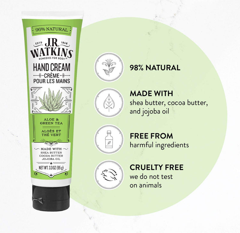 [Australia] - J.R. Watkins Natural Moisturizing Hand Cream, Hydrating Hand Moisturizer with Shea Butter, Cocoa Butter, and Avocado Oil, USA Made and Cruelty Free, 3.3oz, Aloe & Green Tea, Single 3.3 Ounce (Pack of 1) 