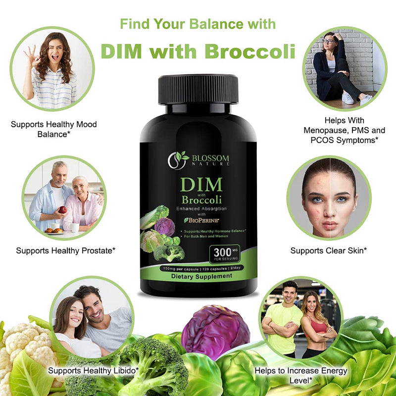 [Australia] - DIM Supplement 300mg with Broccoli 200mg BioPerine 10mg-Hormone and Estrogen Balance for Women & Men,Menopause Relief,PCOS & PMS Support,Hormonal Acne Treatment-120 Caps,Diindolylmethane 150mg per Cap 