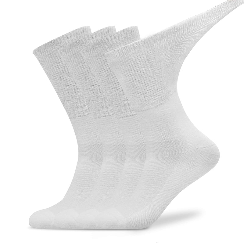 [Australia] - Busy Socks Non-Binding Top Diabetic Socks for Men Women, Thin Soft Crew Mid Calf Socks with Seamless Toe Large 4 Pairs White 
