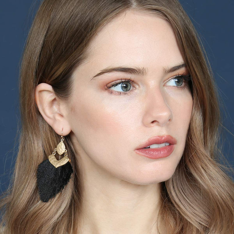 [Australia] - Bohemian Silky Thread Fan Fringe Tassel Statement Earrings - Lightweight Strand Feather Shape Dangles Bohemian Fringe - Black 