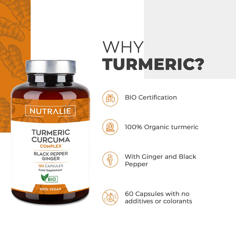 [Australia] - Organic Turmeric Capsules - with Black Pepper and Ginger - 1420mg High Strength Turmeric Curcuma Complex - Supplement with Curcumin - 120 Vegan Organic Capsules Nutralie 