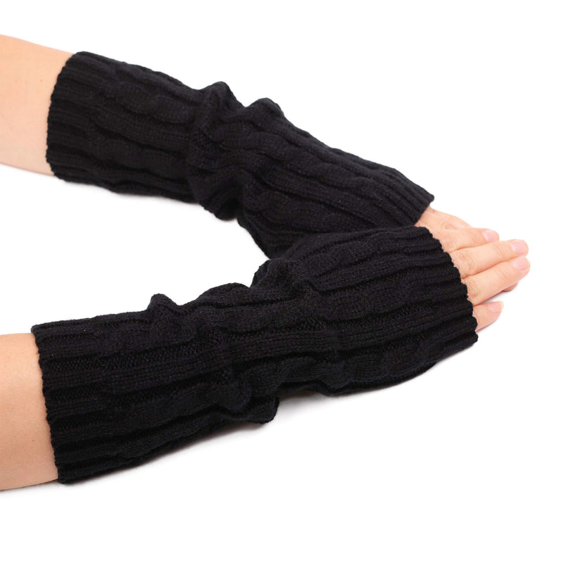 [Australia] - Flammi Women's Cable Knit Arm Warmers Fingerless Gloves Thumb Hole Gloves Mittens Black 