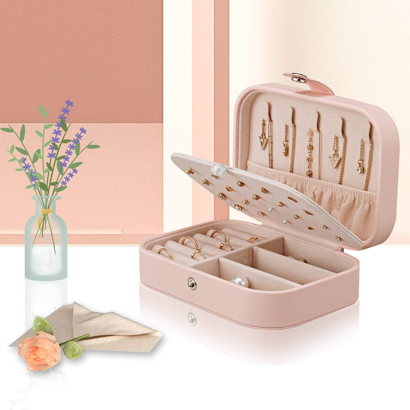 [Australia] - Jewelry Box for Women, Portable Double-Layer Jewelry Storage Box, Earrings, Rings, Necklaces, Bracelets, PU Leather Compact Portable Jewelry Suitcase, Pink Jewelry Box 
