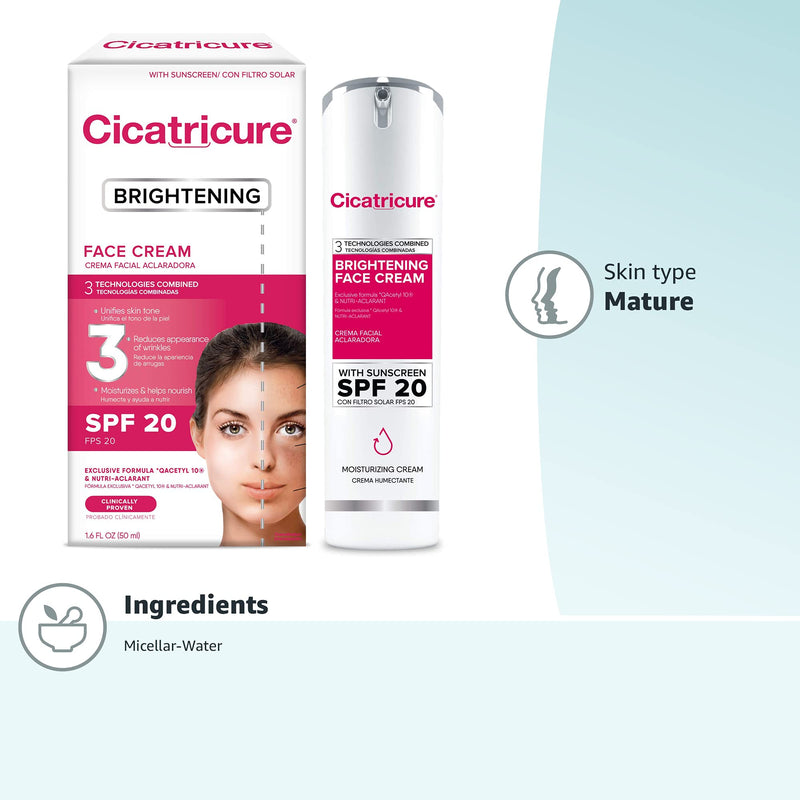 [Australia] - Cicatricure Brightening Facial Moisturizer, 3-in-1 Face Cream with Anti-Wrinkle Q Acetyl 10 & Nutri-Aclarant, SPF 20, Brighten & Even Skin Tone 1.6 fl oz 1.6 Fl Oz (Pack of 1) Brightening Cream with SPF 