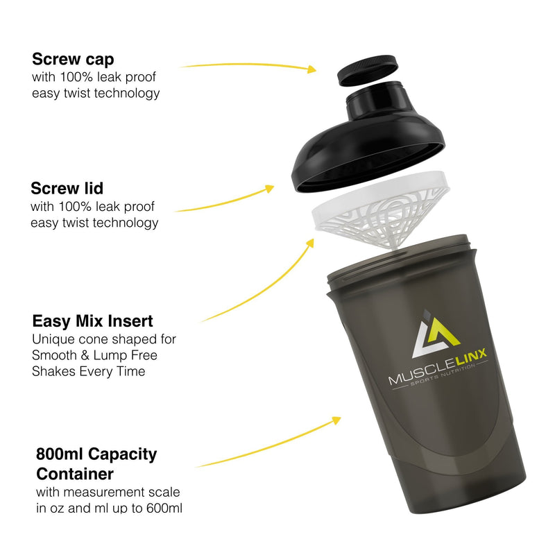 [Australia] - Musclelinx Sports Nutrition Protein shaker screw top 100% LEAK PROOF drinks bottle 600ml to 800ml by Musc (black/grey) Black Transparent 