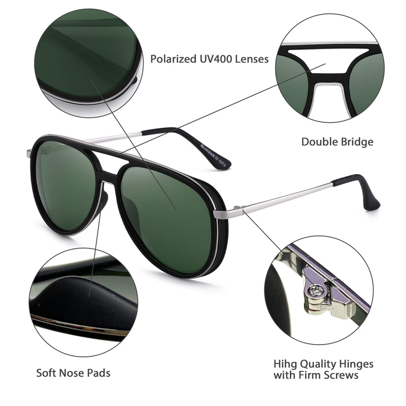 [Australia] - GLINDAR Retro Polarized Aviator Sunglasses Men Women Lightweight Plastic Driving Glasses Black Silver Frame / Polarized Green Lens 59 Millimeters 