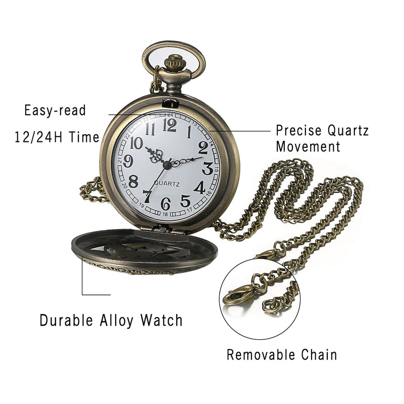 [Australia] - JewelryWe Retro Bronze Flower Openwork Cover Quartz Pocket Watch with 32.3 Inch Chain 