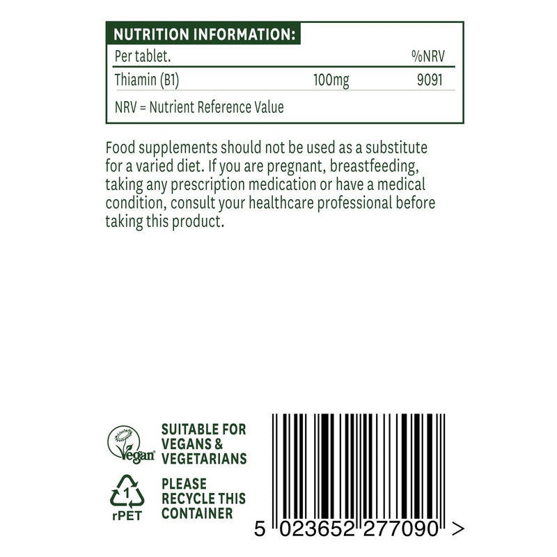 [Australia] - Natures Aid Vitamin B1 Thiamin, 100 mg, 90 Tablets (Contributes to Normal Functioning of the Nervous System, Made in the UK, Vegan Society Approved) 