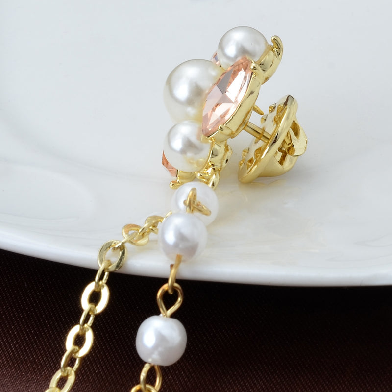 [Australia] - OBONNIE Champagne Tone Crystal Pearl Daisy Flower Brooches Pins with Pearl Chain Tassel Sweater Guard Clip Pin 