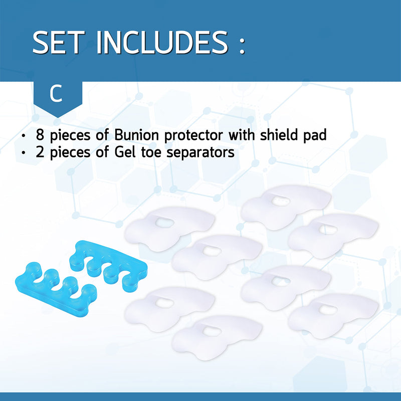 [Australia] - BENNARA Bunion Corrector Set C: 8pc-Bunion Protector with pad and 2pc-Gel Toe Separator. Relieve Bunion Pain. Provide Cushion and Guard Big Toe from Friction or Pressure. Straighten Toes for Relaxing 