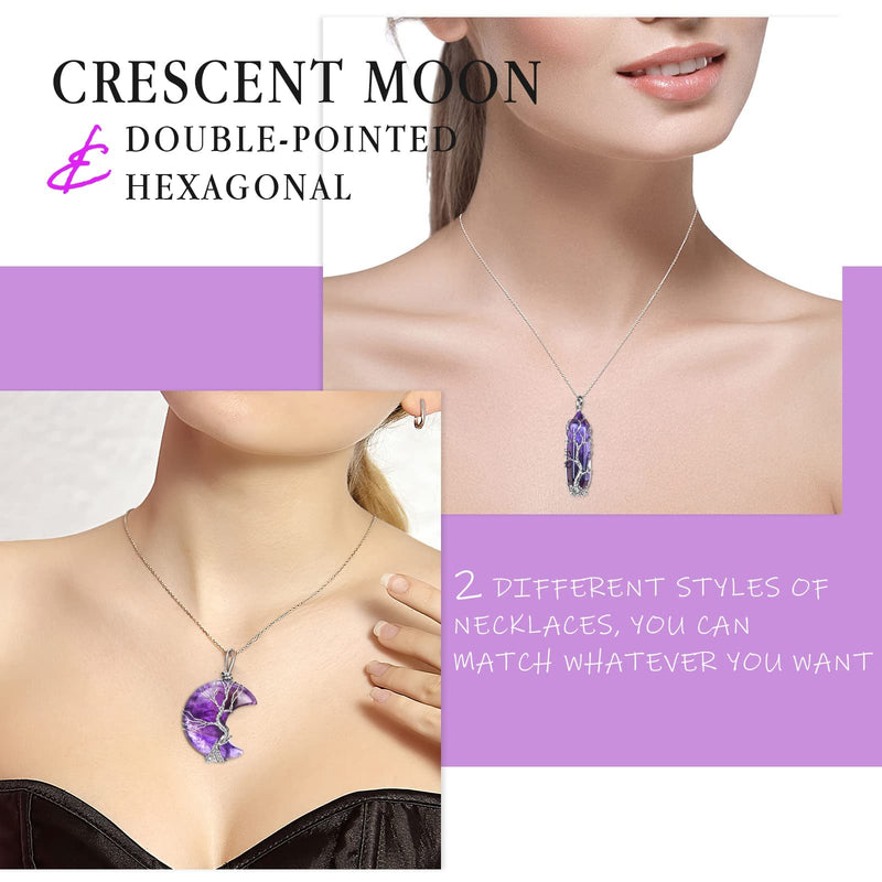 [Australia] - Amethyst Healing Crystal Necklace Silver Wire Wrapped Crescent Moon Pendant & Double Pointed Hexagonal Prime Crystal Quartz Stone Reiki Gemstone Chakra Jewelry for Women Valentine's Day Gift A 