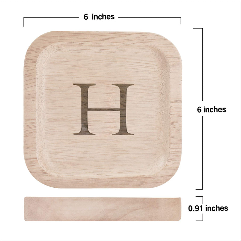 [Australia] - Solid Wood Personalized Initial Letter Jewelry Display Tray Decorative Trinket Dish Gifts For Rings Earrings Necklaces Bracelet Watch Holder (6"x6" Sq Natural "H") ุ6"x6" Sq Natural "H" 