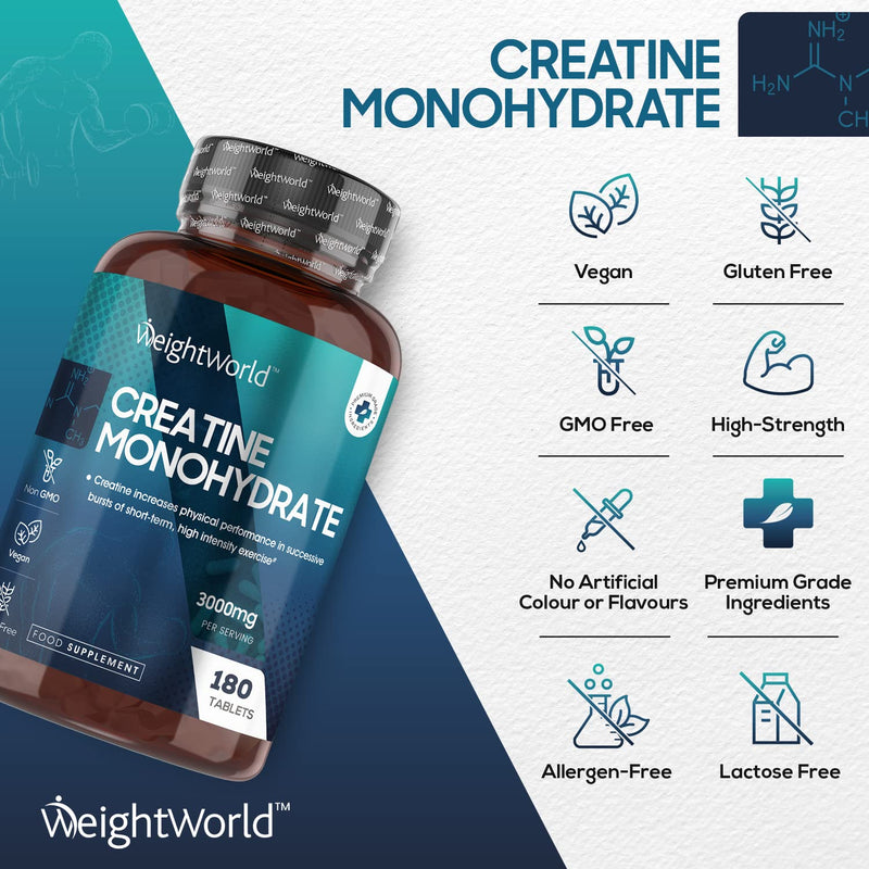 [Australia] - Creatine Monohydrate Tablets 3000mg - 180 Tablets - Gym Supplement for Men & Women - Creatine Monohydrate Powder Alternative - Vegan & Keto Unflavoured Energy Supplement for Workout 