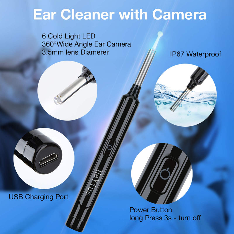 [Australia] - Ear Wax Removal with Camera, Earwax Remover Tool, 1296P FHD Wireless Ear Otoscope with 6 LED Lights, 6 Ear Spoon & 6 Traditional Tools Ear Wax Removal Kit for iPhone, iPad & Android Smart Phone Black 