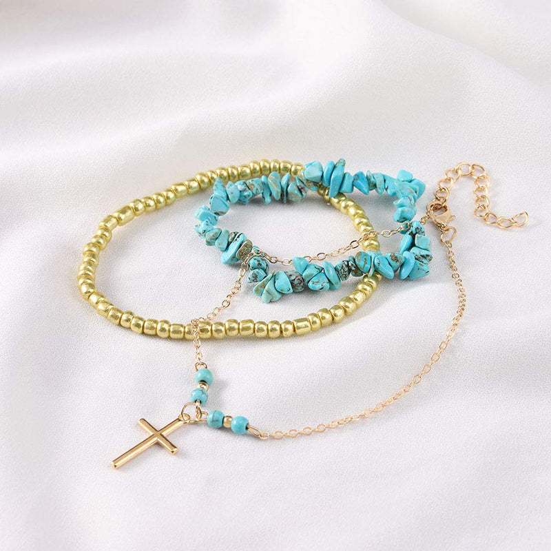 [Australia] - Aukmla Boho Layered Turquoise Anklets Chain Gold Beach Cross Pendent Foot Bracelets Jewelry for Women and Girls (Pack of 3) 