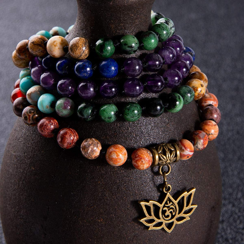 [Australia] - Farfume 7 Chakra 108 Mala Beads Bracelet Real Healing Gemstone Yoga Meditation Hand Knotted Mala Prayer Bead Necklace … Lotus OM-6mm Beads 