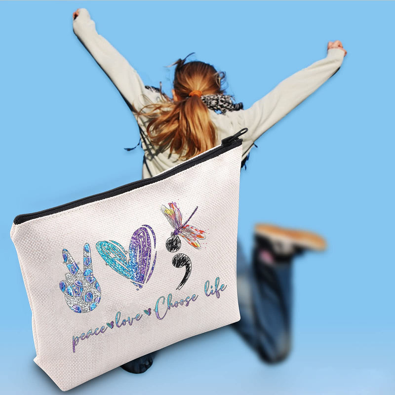 [Australia] - LEVLO Semicolon Inspirational Cosmetic Bag Mental Health Awareness Gift Peace Love Choose Life Makeup Zipper Pouch Bag Suicide Awareness Inspired Gift, Peace Love Choose Life, 