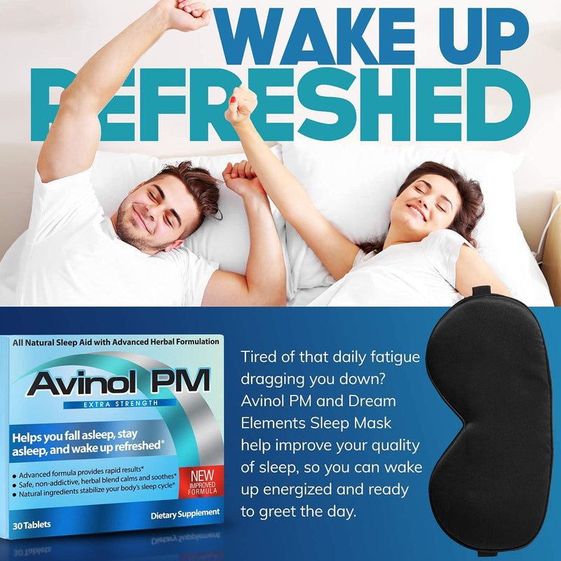[Australia] - Avinol PM Extra Strength and Dream Elements Sleep Mask | All-in-One Natural Sleep Aid (30 ct) - 100% Pure Mulberry Silk Eye Mask (with Foam Ear Plugs & Anti Snoring Nose Clip) (2 Items) 