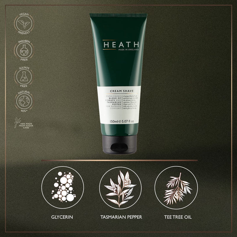 [Australia] - Heath Shave Cream - Blend of 9 Soaps - With Tasmanian Pepper, Tea Tree Oil and Glycerin - Vegan Friendly - Free from Parabens and Sulphates - Made in England - 150 ml 