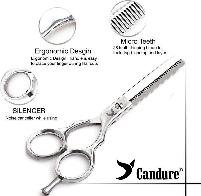[Australia] - Candure Hairdressing Scissor Hairdresser thinning Scissor Set - 5.5 Inch Hair Cutting and Hair Scissor with Comb and Pouch - for Men, Women, Children and Professional Barbers 2 Count (Pack of 1) Silver 
