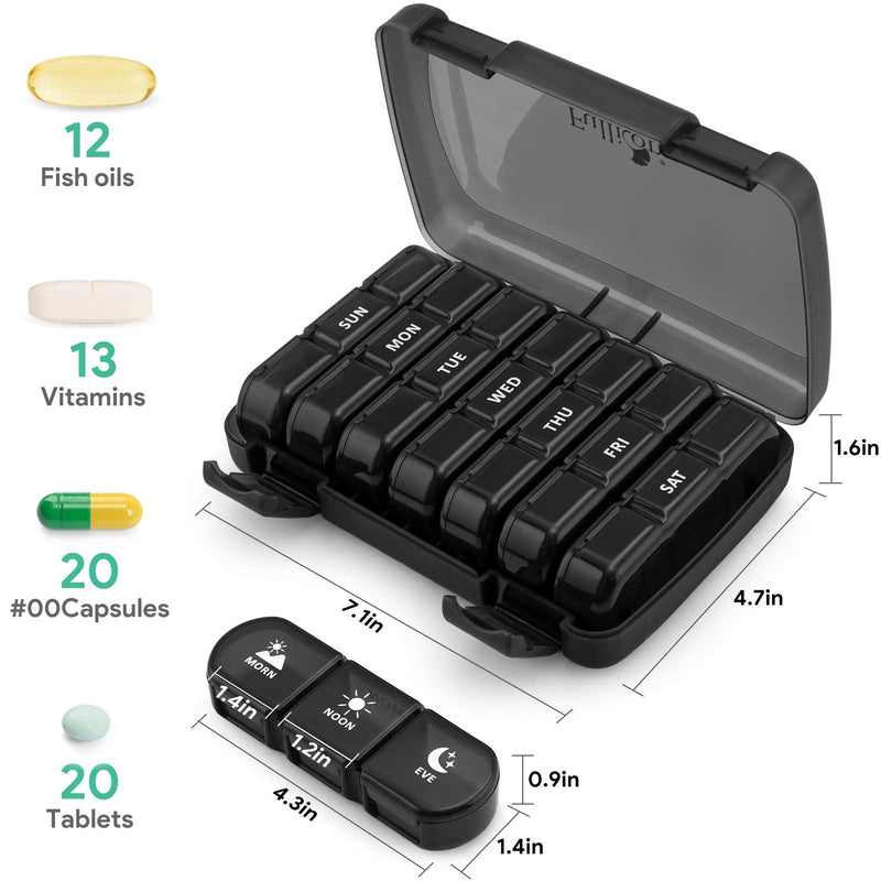 [Australia] - Fullicon Weekly Pill Box Organiser 3 Times A Day, Travel 7 Day Tablet Boxes with Large Compartments for Medicine, Medication, Vitamin, Supplement and Fish Oil Supplements (Black) Black 
