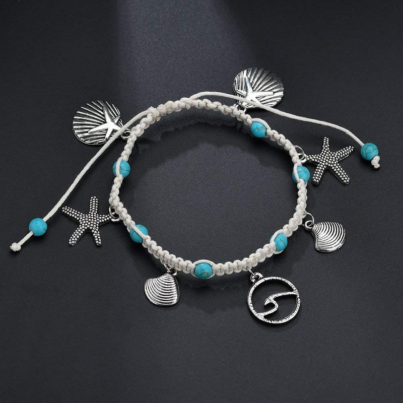 [Australia] - ZHEPIN Blue Starfish Turtle Anklet Multilayer Charm Beads Sea Handmade Boho Anklet Foot Jewelry for Women Girl D:Wave 2 