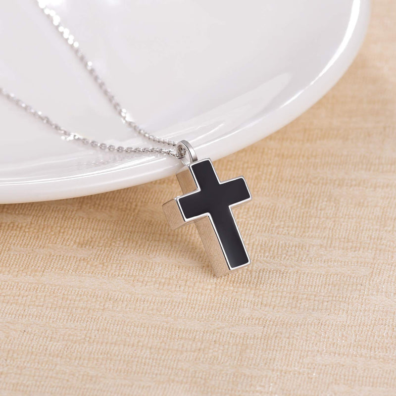 [Australia] - 925 Sterling Silver Cross Urn Pendant Necklace Black Enamel Cross Cremation Jewelry for Ashes Memorial Bereavement Gifts for Women Men 