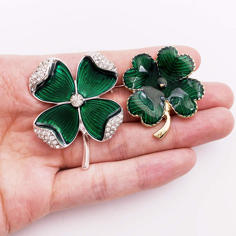 [Australia] - XGALBLA St. Patrick's Day Good Luck Charm Green Four Leaf Shamrock Clover Pin Brooch for Women Girls Green 2 Pcs 