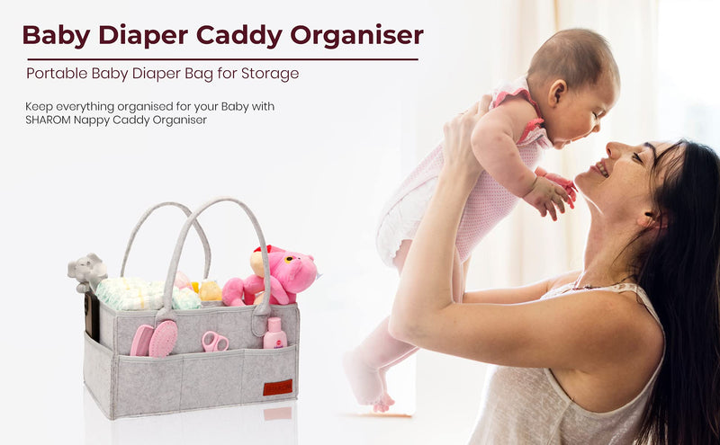 [Australia] - SHAROM Nappy Caddy Organiser - Sturdy 3mm Thick Portable Baby Diaper Bag for Storage - Easy to Carry Nursery Basket for Wipes and Newborn Essentials, Grey Felt 