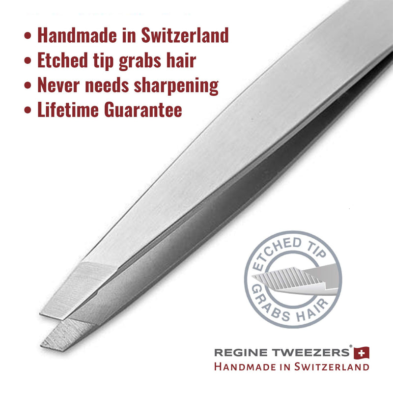 [Australia] - Regine Switzerland Slant Tweezer - Handmade in Switzerland - Professional Eyebrow, Facial & Hair Remover - Etched Interior Tip to Grab Hair From the Root - Perfectly Aligned Tips - Stainless Steel Slant Tip Tweezer 