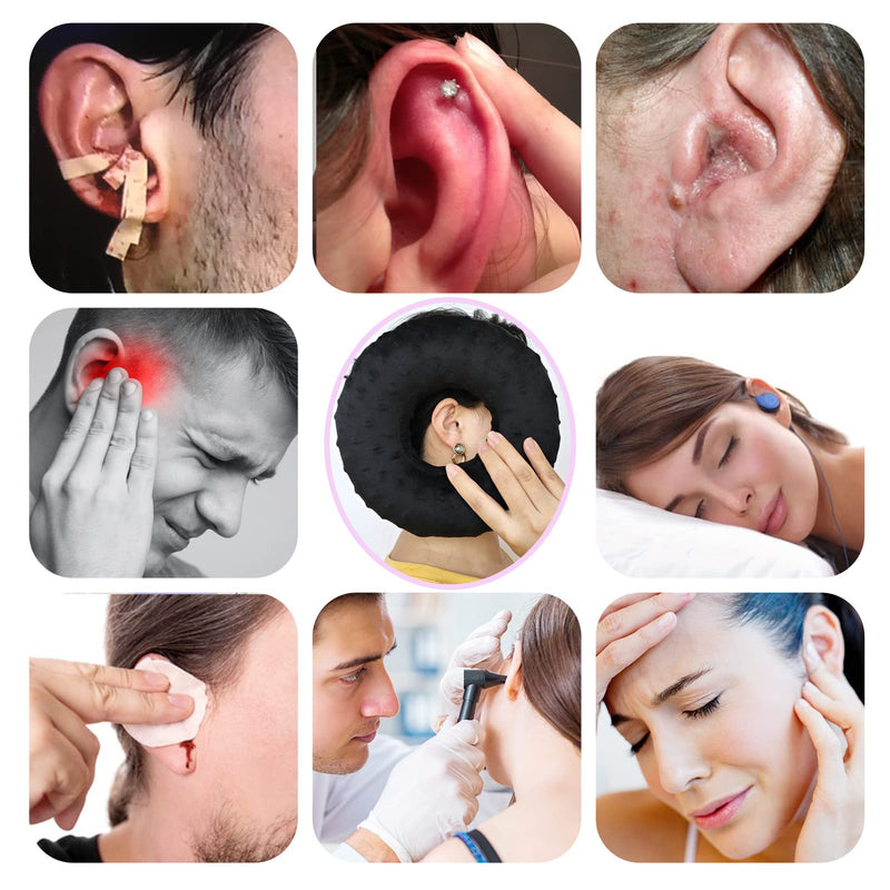 [Australia] - Piercing Ear Pillows CNH Donut Cushion with Hole for Side Sleeping, Ear Ache/Pain Lifesaver Tinnitus, Support Neck Head Minky Dot Black 