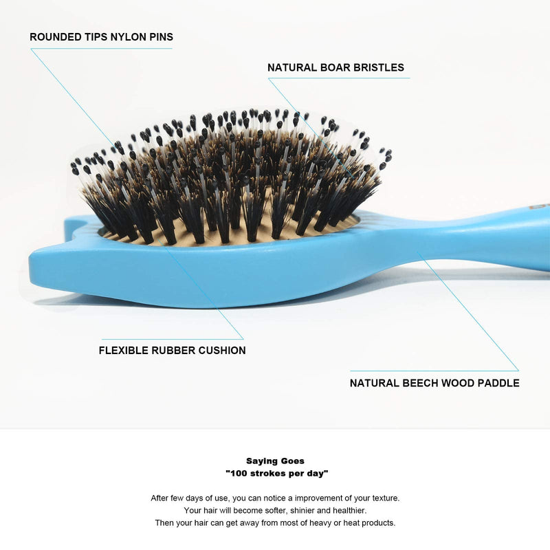 [Australia] - Hair Brush, BESTOOL Small Travel Hair Brushes for Women, Men or Kids, Wooden Toddler Boar Bristle Hair Brush for Detangling, Defrizz, Distribute Oil (Blue) Blue 