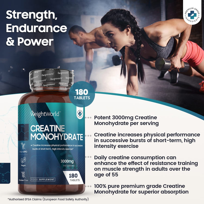 [Australia] - Creatine Monohydrate Tablets 3000mg - 180 Tablets - Gym Supplement for Men & Women - Creatine Monohydrate Powder Alternative - Vegan & Keto Unflavoured Energy Supplement for Workout 