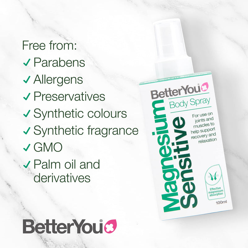 [Australia] - BetterYou Magnesium Sensitive Body Spray | Pure, Clean and Natural Source of Magnesium Chloride | Magnesium Spray | Vegan & Palm-Oil Free | 100ml (600 Sprays) Single 