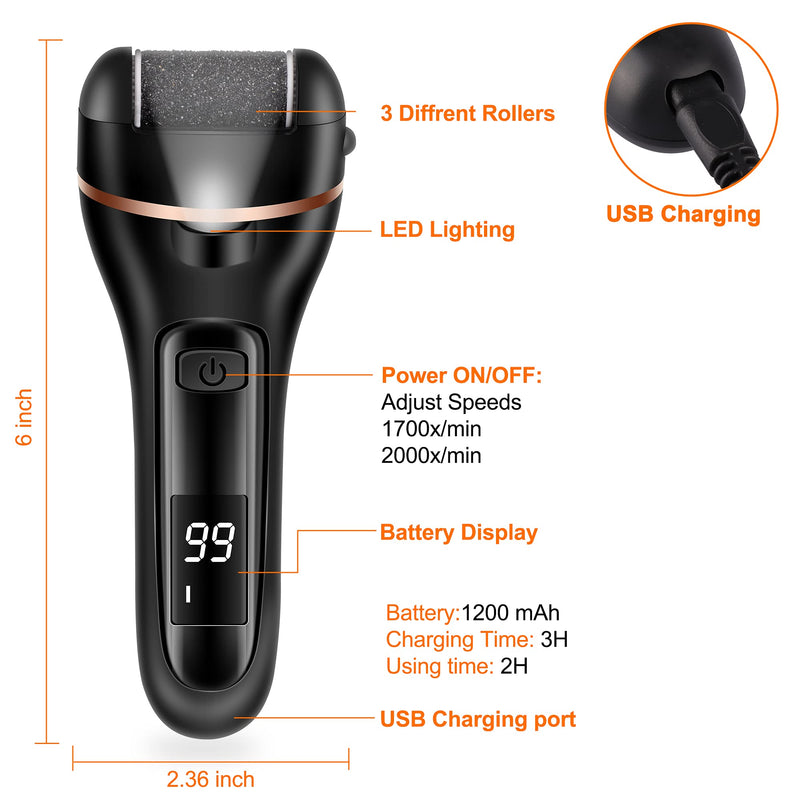 [Australia] - Electric Foot File, Ratukall Hard Skin Remover, Rechargeable Waterproof Callus Remover Feet Care Kit, Professional Pedicure Tools Set with Storage Bag for Dry Dead Skin Cracked Heels Calluses Black-b 