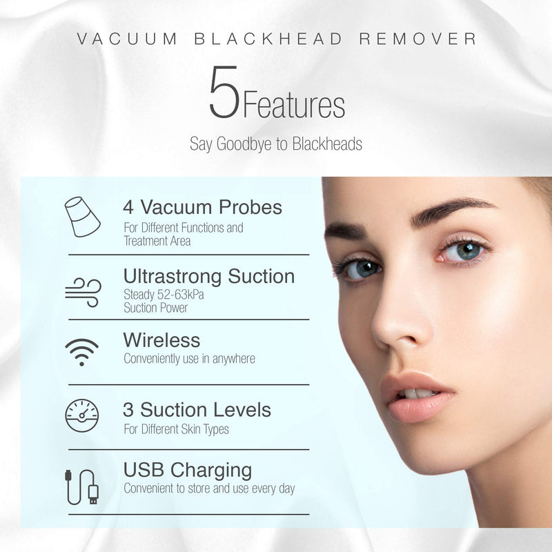 [Australia] - Project E Beauty Vacuum Blackhead Remover Extractor Facial Acne Whitehead Pimple Pore Nose Face Cleanser Tool Device USB Rechargeable 3 Adjustable Suction Power & 4 Replacement Probes for Men & Women 